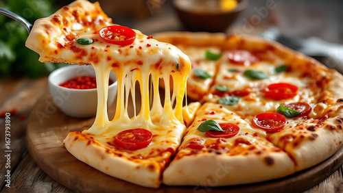 Delicious pizza slice with stringy cheese pull and vibrant toppings, perfect for food blog or restaurant menu