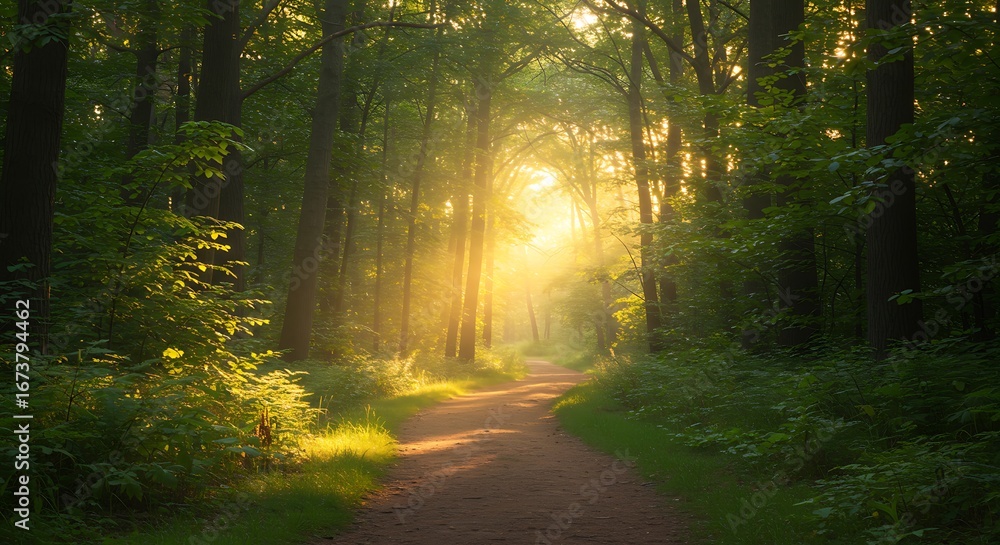 Fototapeta premium Golden Hour Path: Forest Awakening