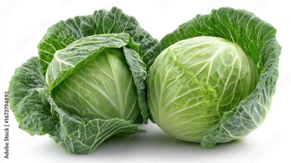 Fototapeta premium Fresh Green Cabbage Heads with Crisp Leaves Perfect for Cooking, Salads, and Healthy Dishes in a Bright Studio Setting with White Background