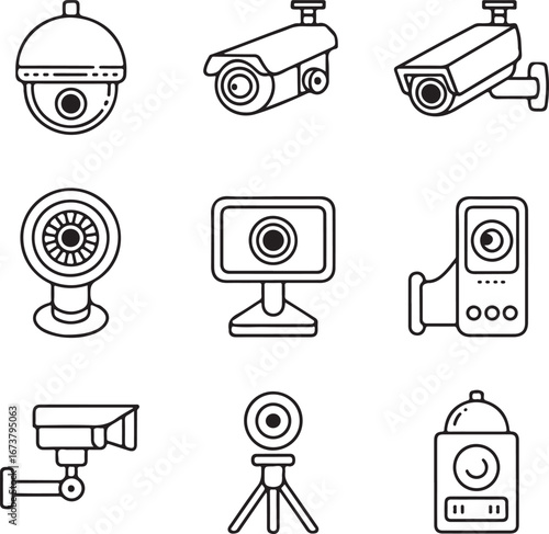Surveillance and Safety Icon Collection Doodle Line Art Security Cameras, Webcams, and Monitoring Tools