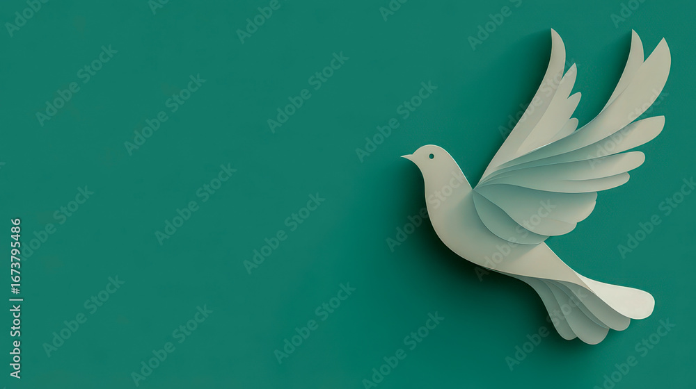 Fototapeta premium White paper dove flying on green background representing peace and hope