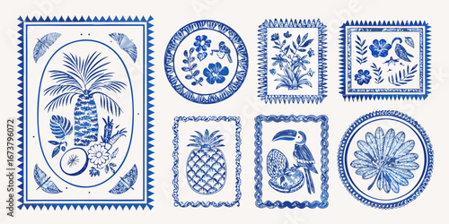Collection of blue and white tropical illustrations featuring palm trees pineapples toucans and flowers