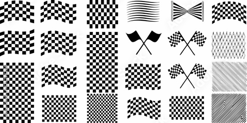 Collection of black and white checkered flags and racing elements for motorsport and competition