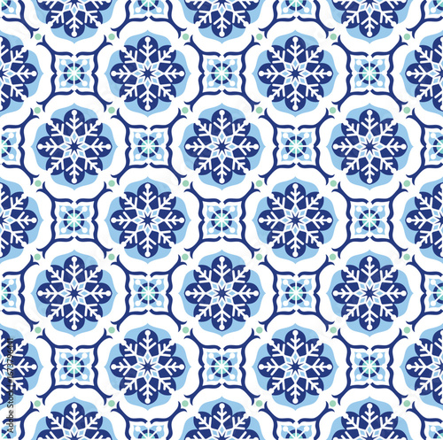 Seamless Pattern of Christmas Medallion Snowflakes. Blue and white Background- Christmas Medallion Vector Illustration