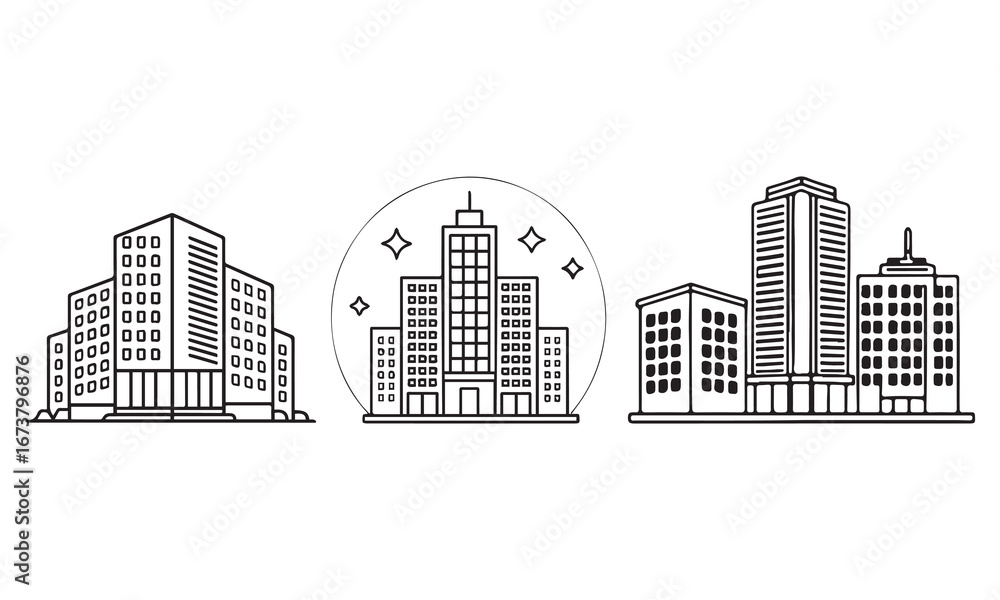 Obraz premium Corporate Building and Business Strategy Icons Leadership, Teamwork, Growth, and Innovation