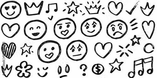 Collection of hand drawn doodle icons including smiley faces hearts stars crowns music notes and question marks