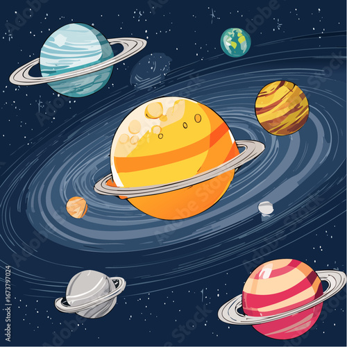Whimsical Illustration of the Solar System with Planets, Rings, and Stars in a Dark, Cosmic Expanse