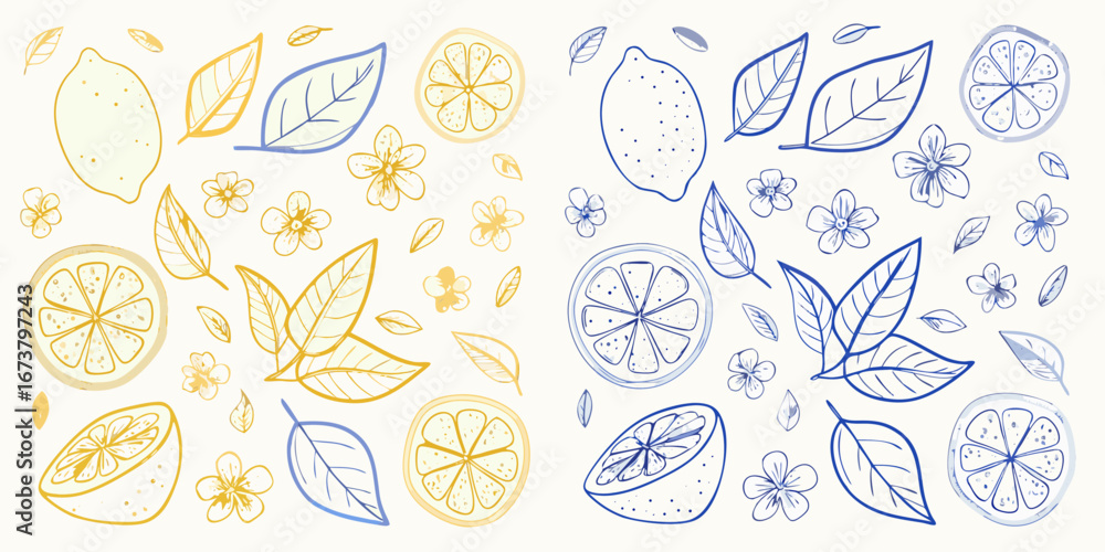 Fototapeta premium Delicate hand drawn lemons and flowers in yellow and blue on a white background