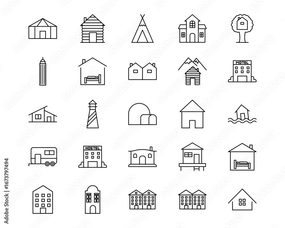 Fototapeta premium Type of Houses Line Vector Icons