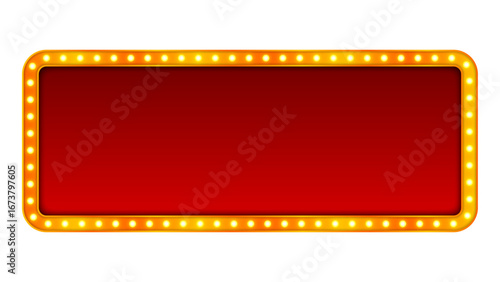 bright red blank light-up banner with a bright gold lightbulb frame in a vintage style is perfect for use as a striking space for messages, advertisements, or presentations.