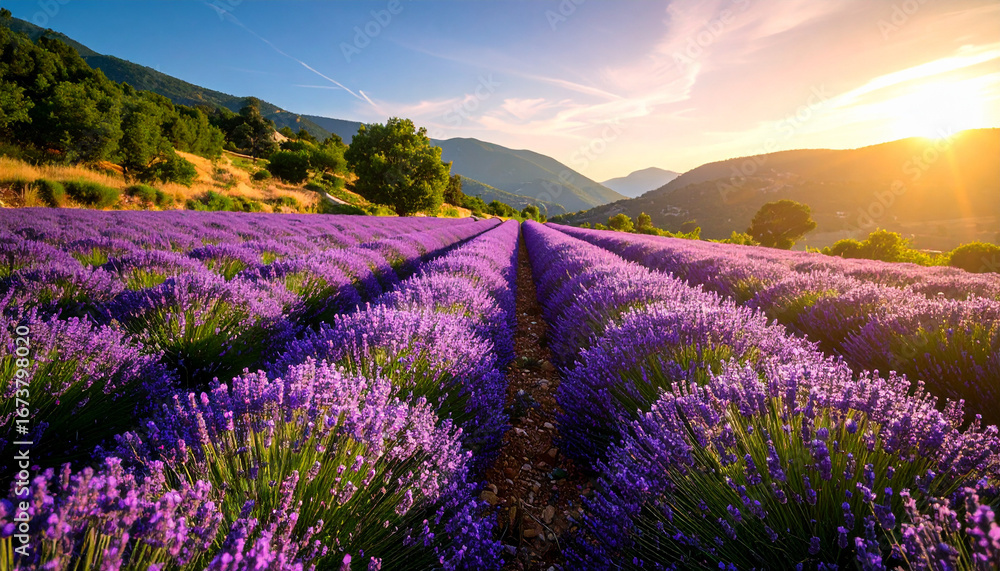 Obraz premium Lavender field blooming at sunset in provence france