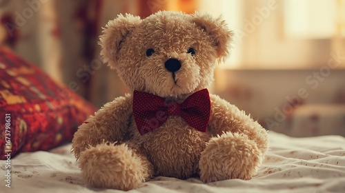 Adorable plush teddy bear with a red bow tie, sitting on a soft bed. The warm sunlight creates a cozy atmosphere.