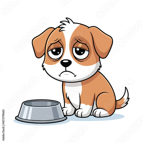 A sad cartoon puppy sits next to an empty food bowl, looking dejected and hungry.