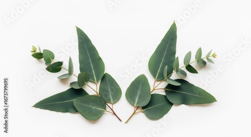 Eucalyptus Green Leaves Arranged on White Background