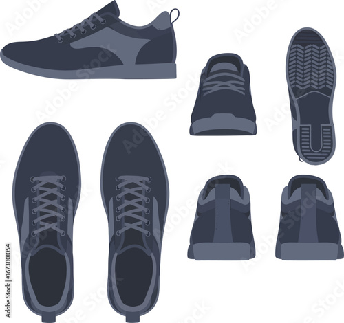 Flat Design Illustration of Dark Blue Athletic Shoes from Multiple Angles.