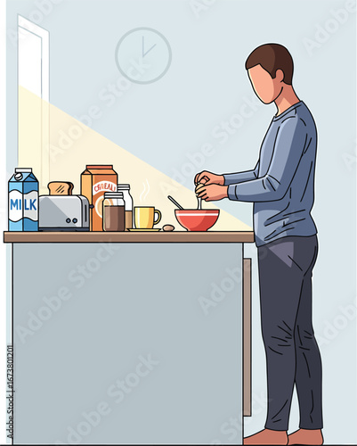 Man preparing breakfast with cereal and milk in a kitchen.