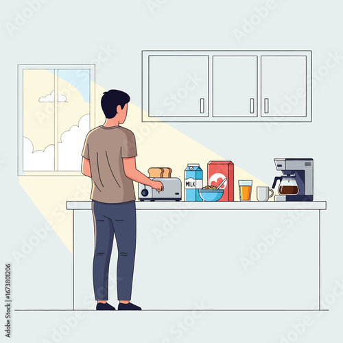 Man making breakfast with toast cereal milk juice and coffee.