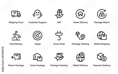 Transport and Moving Professional Line Icon Set – Unique Minimal Vector Design for Vehicles, Delivery, Transit, and Logistics Systems