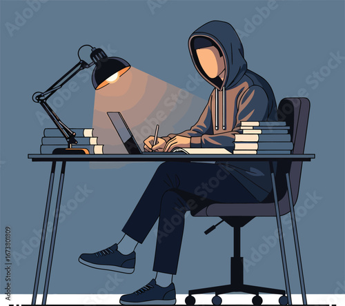 Person in Hoodie Studying at Desk with Lamp and Books.