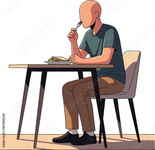 Person with faceless head eating a sandwich with a fork at a table.