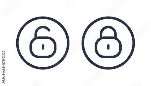 Lock and Unlock Icon Set, Minimalist White Padlock Symbols, Locked and Unlocked Security Illustration, Editable Vector Icon for Security Design.
