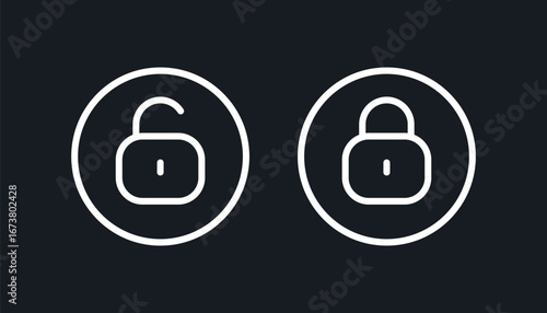 Lock and Unlock Icon Set, Minimalist White Padlock Symbols, Locked and Unlocked Security Illustration, Editable Vector Icon for Security Design.