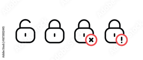 Lock and Unlock Icon Set, Minimalist White Padlock Symbols, Locked and Unlocked Security Illustration, Editable Vector Icon for Security Design.