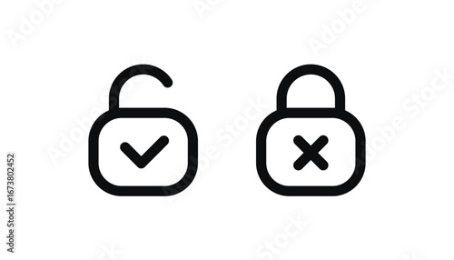 Lock and Unlock Icon Set, Minimalist White Padlock Symbols, Locked and Unlocked Security Illustration, Editable Vector Icon for Security Design.