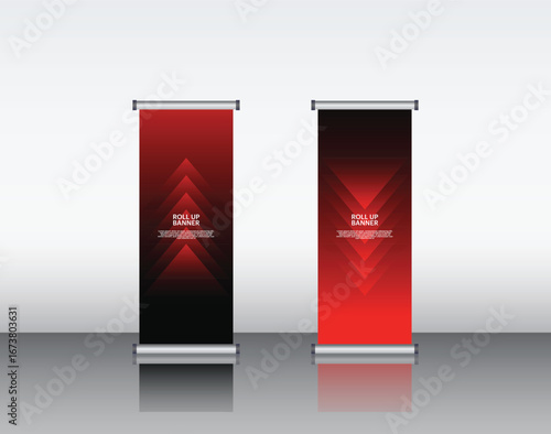 Editable Rollup Banner Template – Red and Black Vertical Banners with Glossy Metallic Finish and Abstract Geometric Design