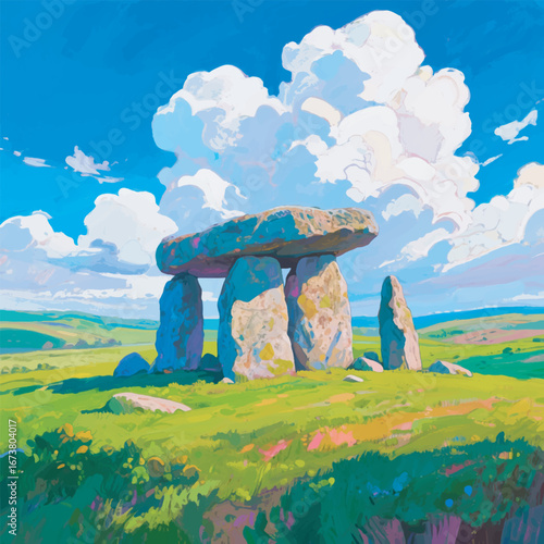 Megalithic Stone Structure with Green Field Background Illustration