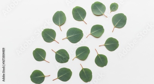 Green Eucalyptus Leaves Flat Lay on White Background