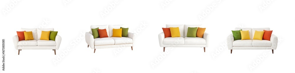 Fototapeta premium Set of white sofa with colorful pillows isolated on transparent background