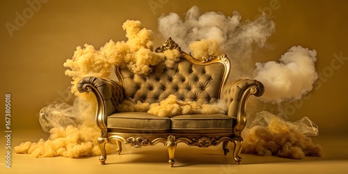 Elegant vintage sofa surrounded by golden cloud-like smoke in a dimly lit room for a surreal aesthetic vintage sofa, golden clouds, cinematic lighting, luxurious furniture, elegant decor, surreal aest