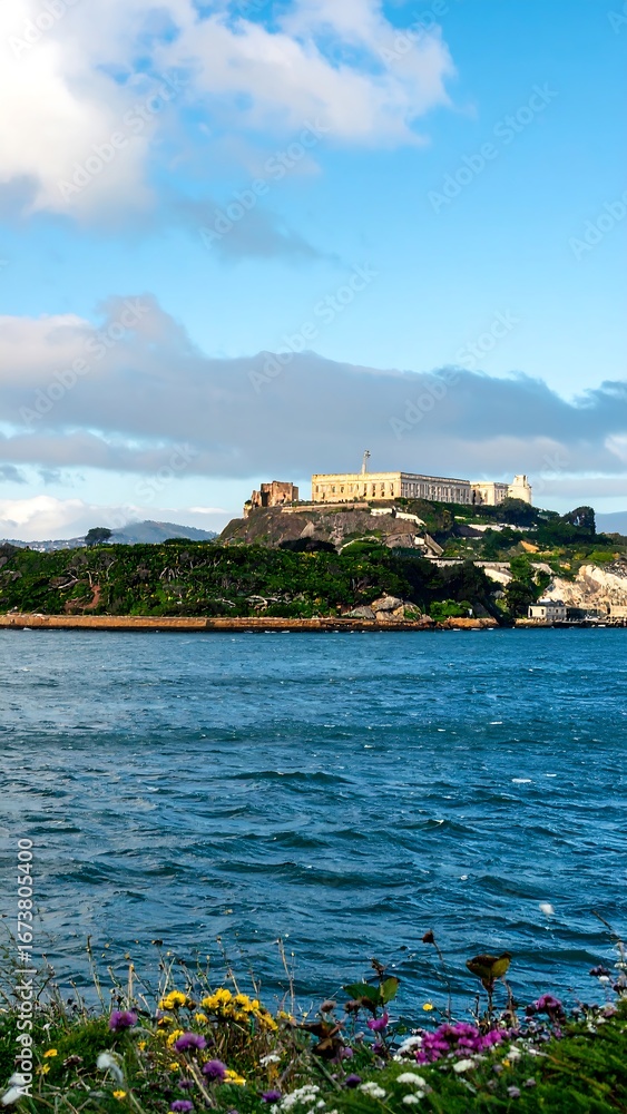 Naklejka premium Coastal fortress, cloudy sky, wildflowers