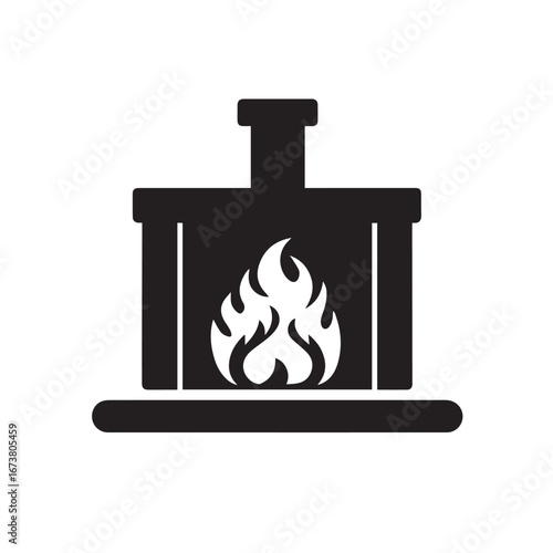 Vector art of stylized black silhouette of a fireplace with a bright flame inside