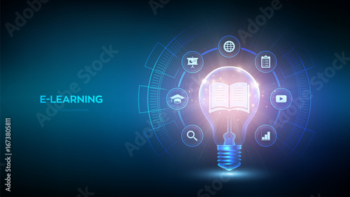 Education. E-learning. Light bulb with book icon inside. Innovative online education internet technology concept. Webinar, teaching, online training courses. Skill development. Vector illustration.
