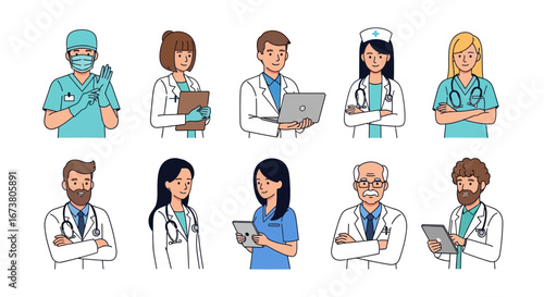 Set of smiling doctors, nurses and paramedics. Portraits of male and female medic workers in uniform with stethoscopes, masks and gloves. Flat cartoon vector illustration isolated on white background