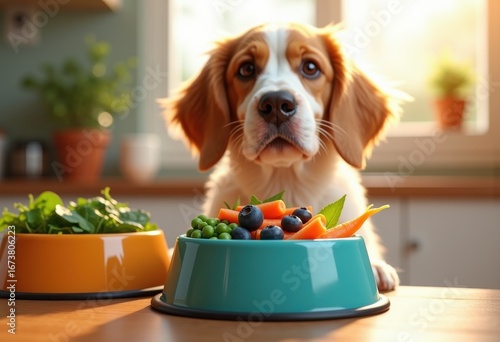 vibrant healthy dog bowls filled colorful fresh ingredients wholesome nutrition pet care, pets, food, veggie, meat, rice, quinoa, herb, fruit, salad