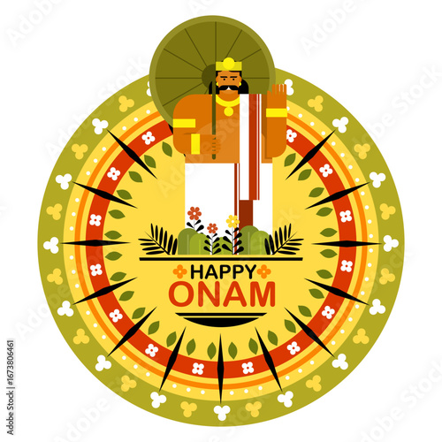 Mythological king 'Mahabali' with a greeting gesture in a circular floral design. Concept of Onam festival in Kerala