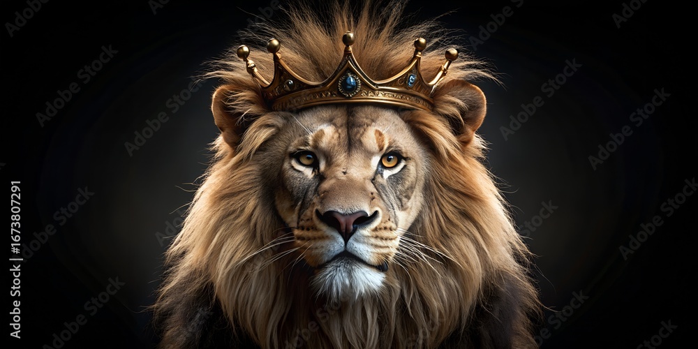 Fototapeta premium Lion wearing a crown on a black matte background exuding majesty and strength in a regal pose lion, crown, black background, regal, majestic, animal, king, strength, mane, golden, powerful, creature, 