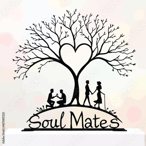 Silhouette of Heart-Shaped Tree with Proposal and Elderly Couple Beneath — Symbolic Illustration of Lifelong Love and Soulmates