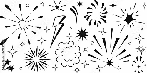 Collection of black and white hand drawn graphic elements including stars bursts lightning bolt and comic book style explosions