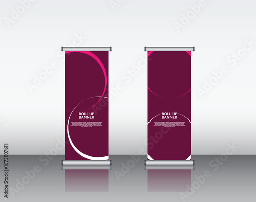 Editable Rollup Banner Template – Seamless Glass Bottles with Metallic Red Minimalist Packaging and Photorealistic 3D Render