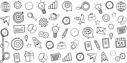 Collection of hand drawn business and technology icons representing ideas and concepts