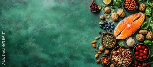 Assorted healthy foods arranged on a green surface (1)