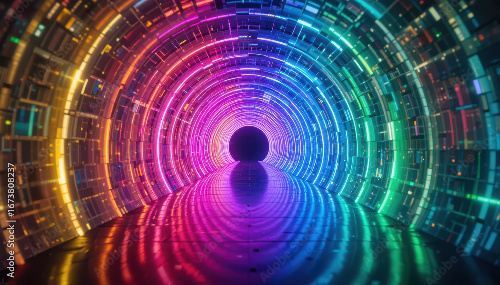 Fototapeta premium Vibrant light tunnel display digital art installation urban space colorful environment ground view visual exploration