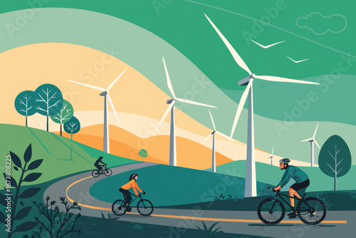 Vast wind turbine farm, cyclists pedaling through scenic countryside landscape, embodying sustainable energy and recreational pursuit.
