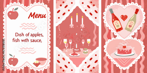 Charming menu design with apples romantic dinner setting and celebratory cake with wine bottles