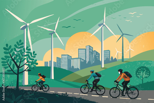 Majestic wind turbine farm, individuals cycling below, vast open landscapes, sustainable energy, clear skies, environmental beauty, recreational pursuit.