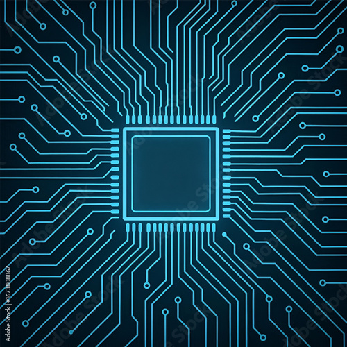 Glowing digital blue circuit board with central processing core design, 